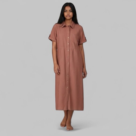 VTG 90s White Stag Midi Shirt Dress L Red Tan Gingham Check Snap Front - Picture 1 of 9